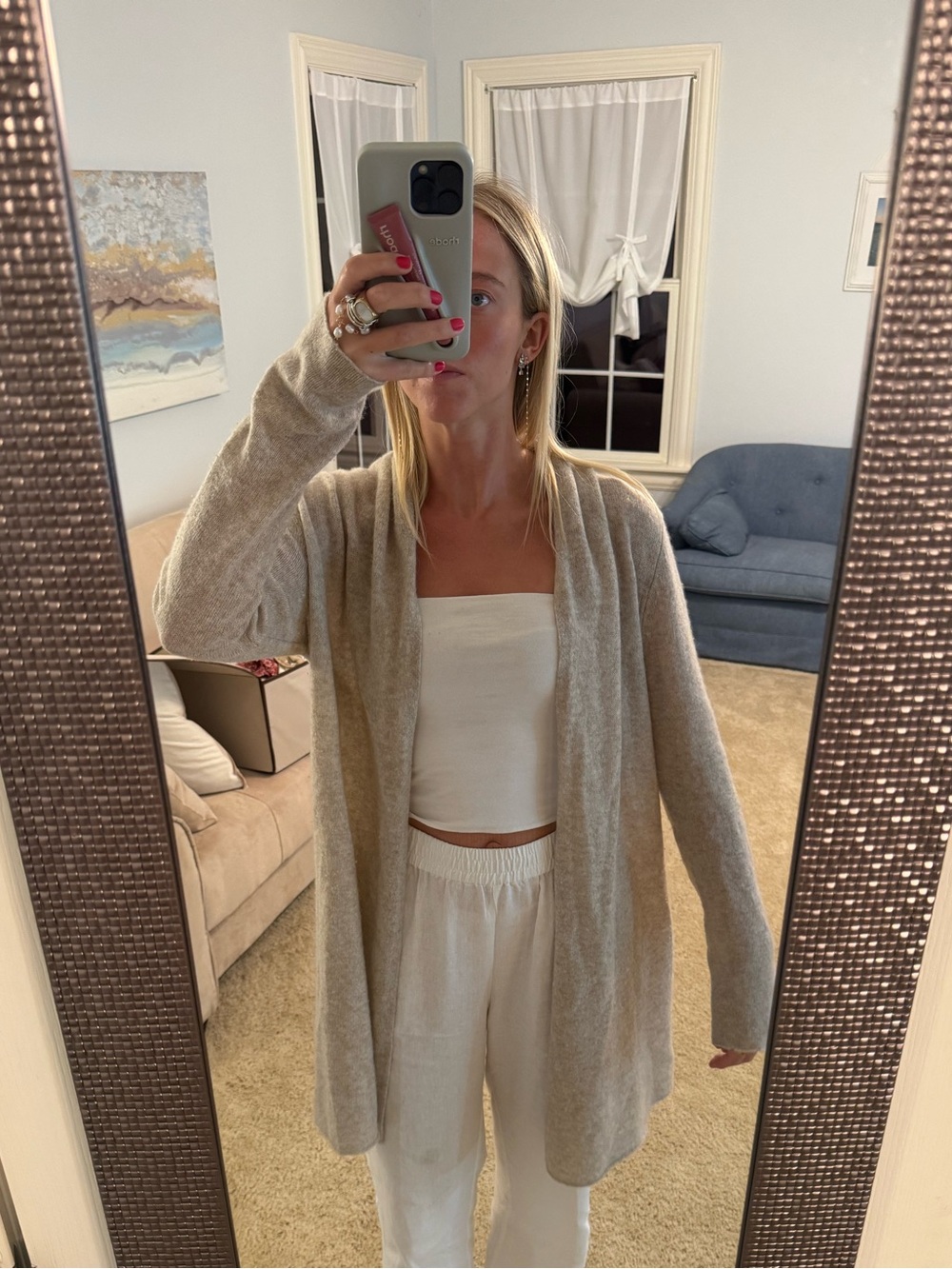 White + Warren Cream Knit Open Cardigan